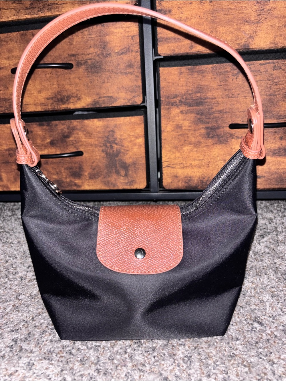 Classic Black Nylon Shoulder Bag with Brown Trim